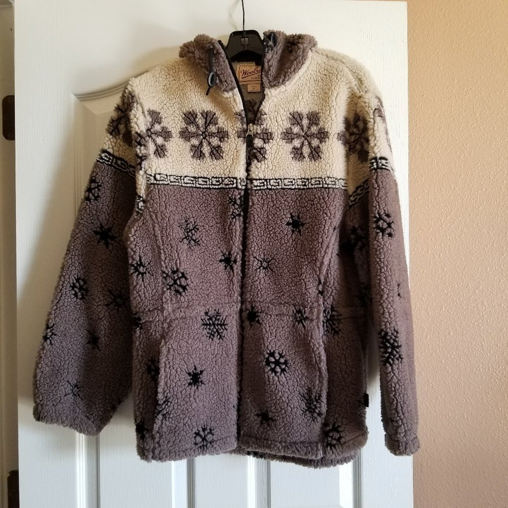 Woolrich Cream and Taupe Sherpa Jacket with Snowflake Pattern